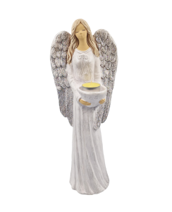 Figurka ceramiczna ANIOŁ 41cm "Tereza" na tea-light biały brokat /58052-BB