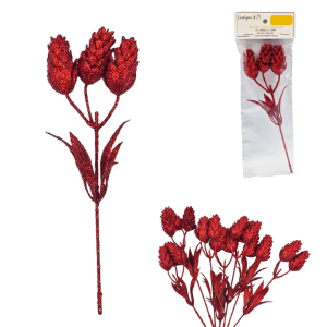 Szyszki brokatowe na gałązce 18cm CZERWONE /82436-C