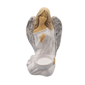 Figurka ceramiczna ANIOŁ klęczący na tea-light "Weronika" biały brokat /58212-BB