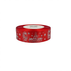 Wstążka satynowa metalik czerwona MIKOŁAJ srebro 25mm x 18m /91153