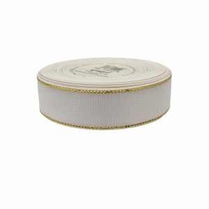 Wstążka rypsowa BIAŁA złote paski 25mm x 18m /87286