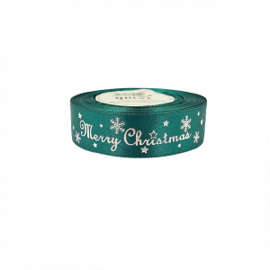 Wstążka satynowa zielona nadruk srebrny MERRY CHRISTMAS 25mm x 18m /90309