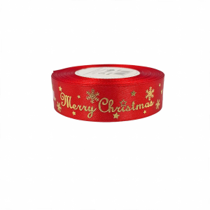 Wstążka satynowa czerwona nadruk złoty MERRY CHRISTMAS 25mm x 18m /90293