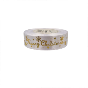 Wstążka satynowa biała nadruk złoty MERRY CHRISTMAS 25mm x 18m /90279