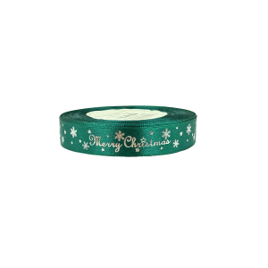 Wstążka satynowa zielona nadruk srebrny MERRY CHRISTMAS 15mm x 18m /90255