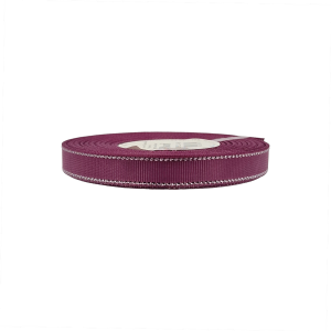 Wstążka rypsowa ŚLIWKOWA srebrne paski 12mm x 18m /87545