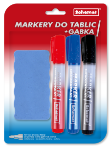 Markery suchościeralne do tablic 3szt + gąbka /0693