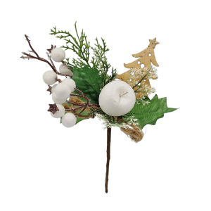Gałązka świąteczna z białymi jagodami, jabłuszkiem i choinką -BN 22cm /80684