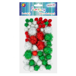 Pompony metalizowane 50szt MIX białe, czerwone, zielone /23496