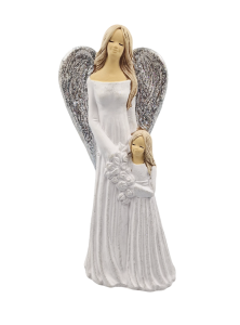 Figurka ceramiczna ANIOŁ z dziewczynką 32cm "Sara" biały brokat /50575-BB