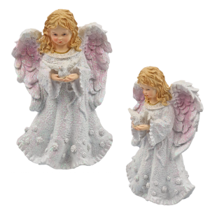 Anioł brokatowy biały z gołąbkiem - figurka ceramiczna 25cm /54317-BG