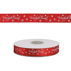 Wstążka satynowa czerwona nadruk WESOŁYCH ŚWIĄT 12mm x 22m /57776