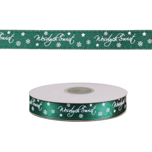 Wstążka satynowa zielona nadruk WESOŁYCH ŚWIĄT 12mm x 22m /57806