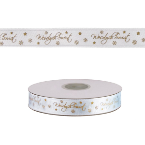 Wstążka satynowa biała nadruk WESOŁYCH ŚWIĄT 12mm x 22m /57745