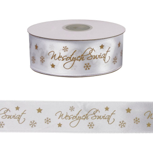 Wstążka satynowa biała nadruk WESOŁYCH ŚWIĄT 25mm x 22m /57837