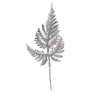 Gałązka ozdobna świąteczna LIŚĆ PAPROCI brokatowy srebrny 23cm /43713