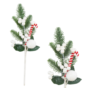 Gałązka świąteczna z białymi kulkami i laską -BN 34cm /44598
