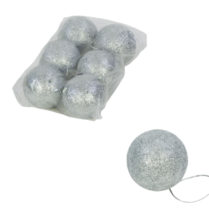 Bombki choinkowe - stroikowe 6cm/6szt SREBRNE brokat /05537