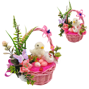 Koszyczek wielkanocny 18cm z kurczakiem - różowy zdobiony /61095