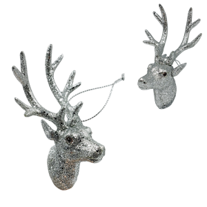 Głowa renifera 11cm brokatowa SREBRNA zawieszka /13649