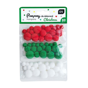 Pompony MIX/60szt CZERWONE,ZIELONE,BIAŁE Christmas /56864