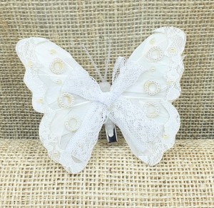 Motyl piórkowy 12cm z koronką na klipsie BIAŁY /8037