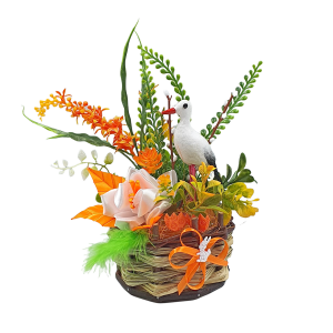 Stroik/Kompozycja wielkanocna - BOCIAN w koszyczku 24cm POMARAŃCZOWY/52734